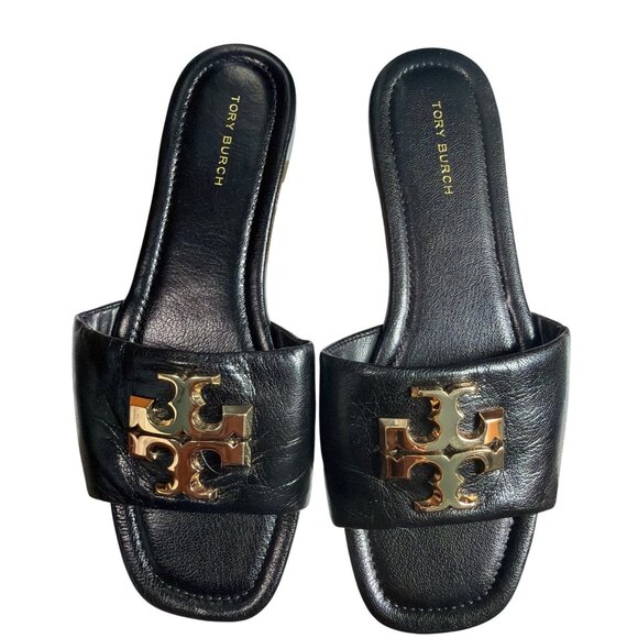 Tory Burch Eleanor Leather Slides Gold Hardware Black Size 6.5 - Picture 6 of 16